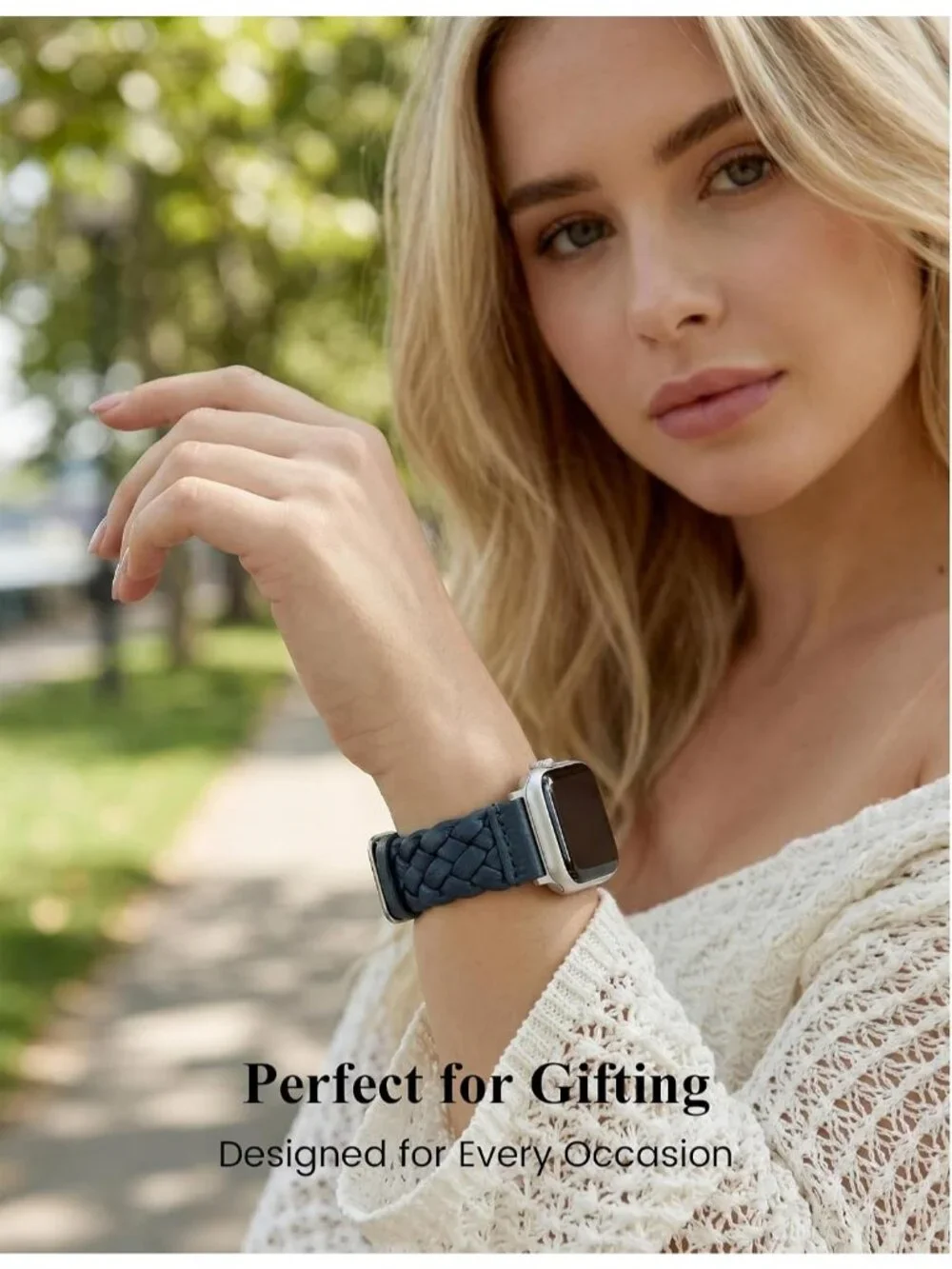 Women's Blue/Silver Braided Leather Strap Compatible with Apple Wrist Watch